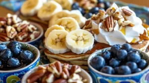 Assorted pancake toppings: blueberries, bananas, pecans, and whipped cream