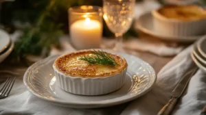 Crab brulee served at an elegant dinner table with ramekins on stylish plates.