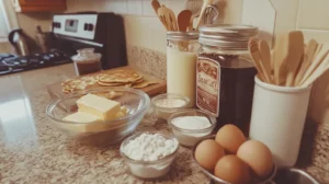 Key ingredients for Cracker Barrel pancakes, including buttermilk, eggs, and syrup.