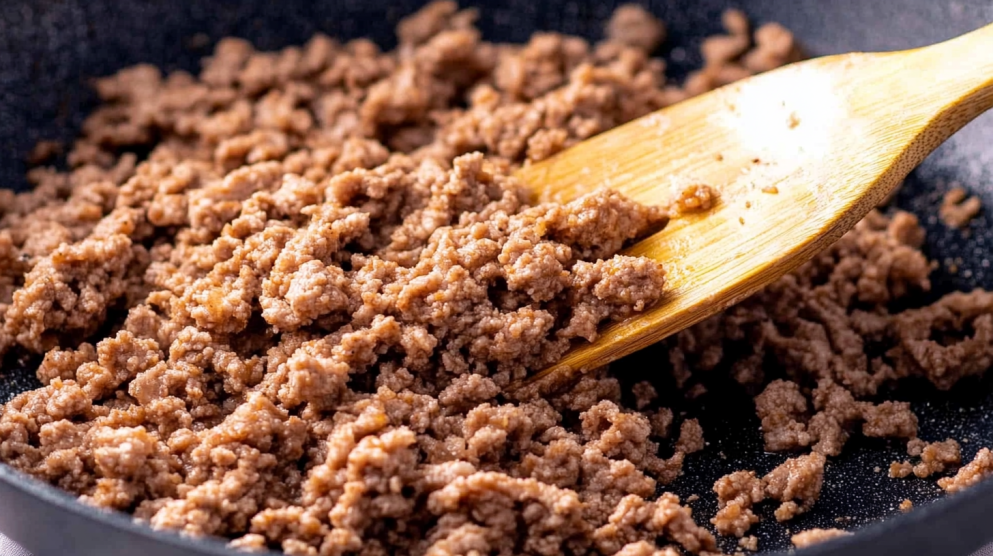 Extra lean ground beef on a rustic wooden counter.