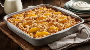 Peach crumble served in a baking dish with dessert plates and a pitcher of cream nearby.