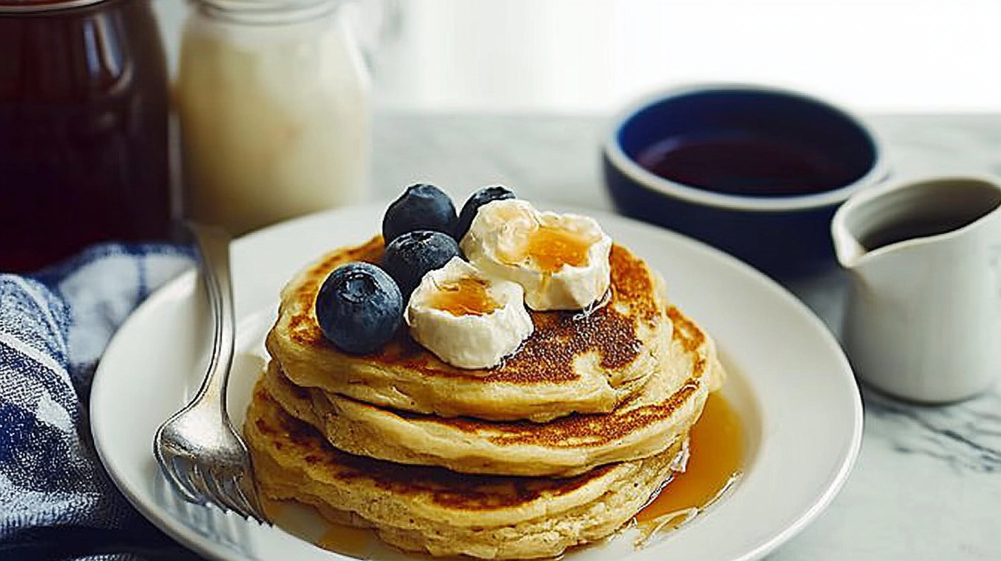 A stack of fluffy egg-free pancakes topped with blueberries, maple syrup, and vegan butter on a rustic plate.