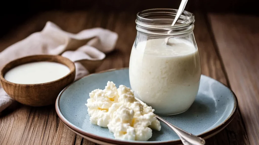 A glass bottle of fresh and creamy kefir placed on a wooden table with a linen cloth and a spoon beside it.