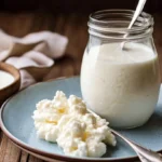 A glass bottle of fresh and creamy kefir placed on a wooden table with a linen cloth and a spoon beside it.