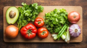 Flat-lay of fresh guacamole ingredients: avocados, tomatoes, onions, garlic, and cilantro on a wooden cutting board.

