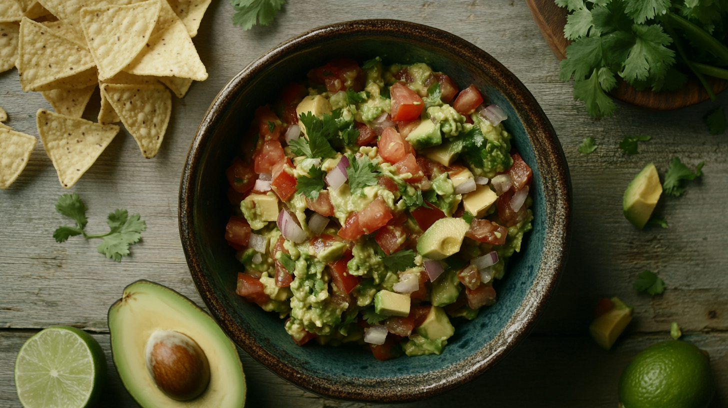 A bowl of chunky guacamole garnished with diced tomatoes, onions, and cilantro, surrounded by fresh avocados, lime halves, and tortilla chips on a rustic wooden table.