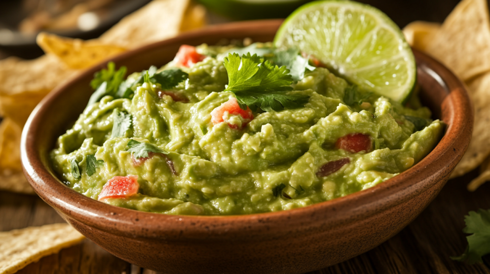 Fresh guacamole in a bowl garnished with lime and cilantro, served with tortilla chips.