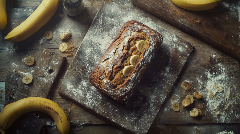 Freshly baked banana bread loaf on a rustic wooden table.