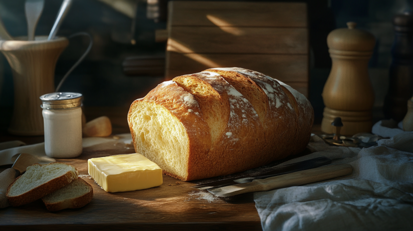 Freshly baked bread with butter on a rustic table.