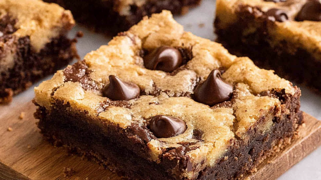 Freshly baked brookies sliced into squares, showing brownie and cookie layers on a rustic wooden platter.