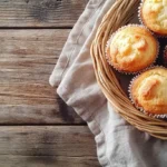 Savory kefir muffins topped with cheese and herbs, served on a wooden board with butter.