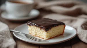 A single slice of kefir sheet cake with chocolate glaze on a plate, styled with a cup of tea. 