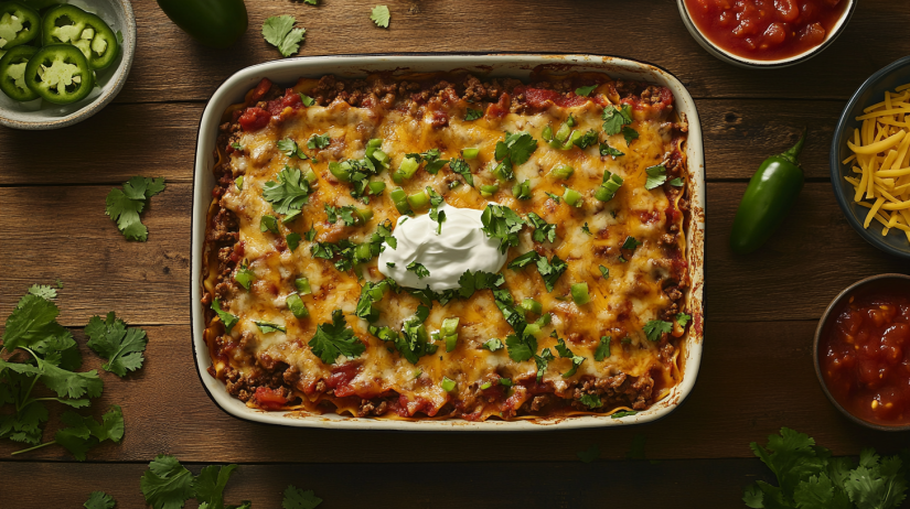 Freshly baked Mexican lasagna with layers of tortillas, cheese, meat, and toppings like cilantro and tomatoes, displayed in a rustic setting.