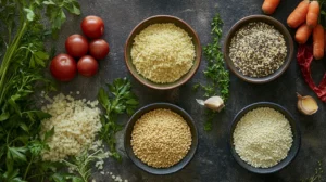 Gluten-free couscous substitutes: quinoa, millet, and rice in small bowls, surrounded by vegetables and herbs.

