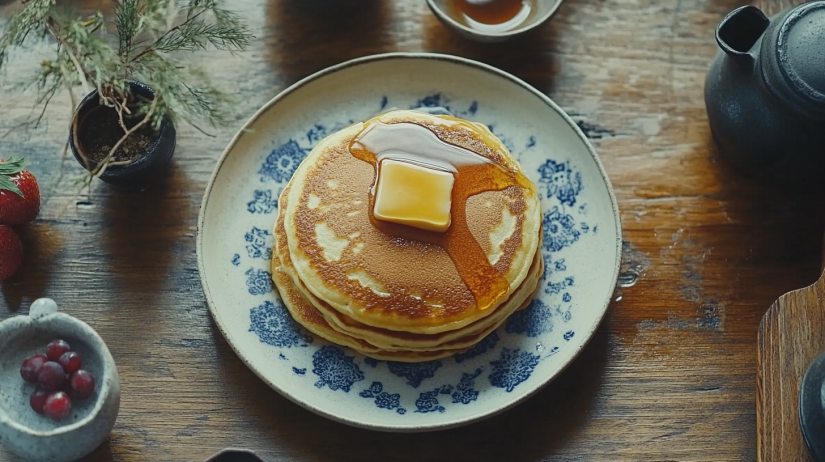 A stack of fluffy egg-free pancakes topped with syrup, fresh fruit, and butter.