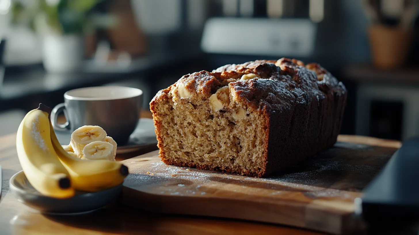 Golden banana bread loaf with slices on a wooden table, served with fresh bananas and coffee.