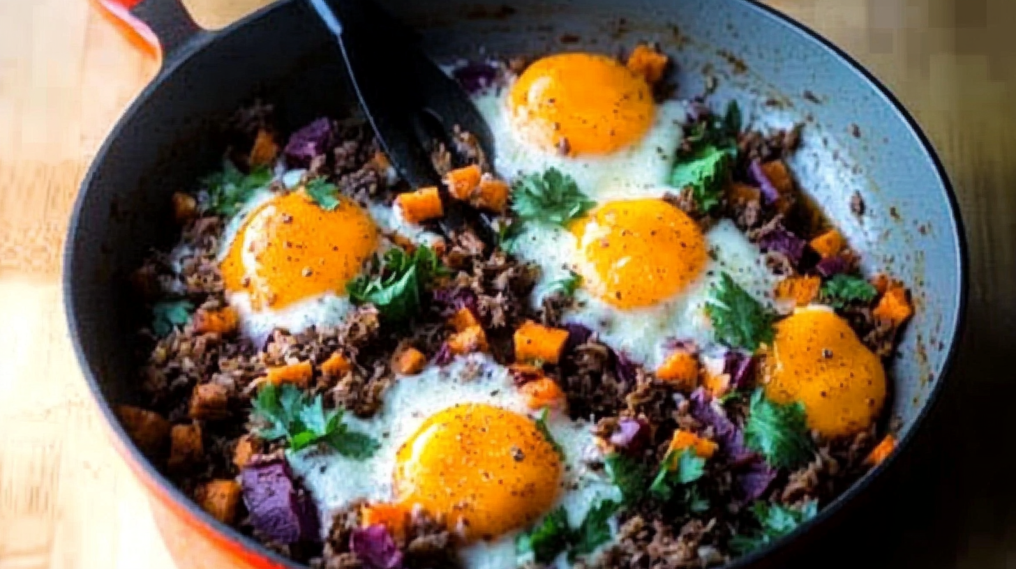 A flat-lay of ground beef breakfast dishes, featuring a skillet with eggs, avocado slices, and toast on a rustic wooden table.