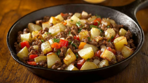 A cast-iron skillet filled with breakfast hash, including crispy potatoes, savory beef, and vegetables.