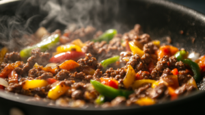 Sautéed ground beef with bell peppers and onions in a skillet, steaming and ready to serve for breakfast.