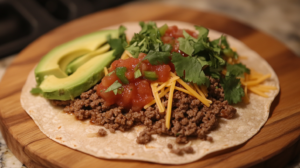 Warm tortillas stuffed with seasoned beef, fresh avocado slices, salsa, and shredded cheese.