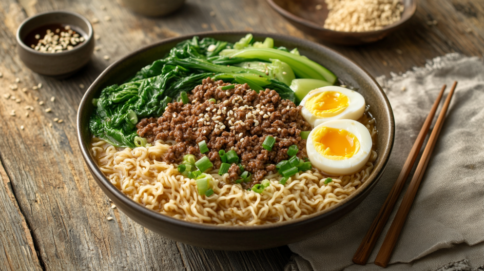 Bowl of ramen with ground beef, bok choy, and soft-boiled egg.