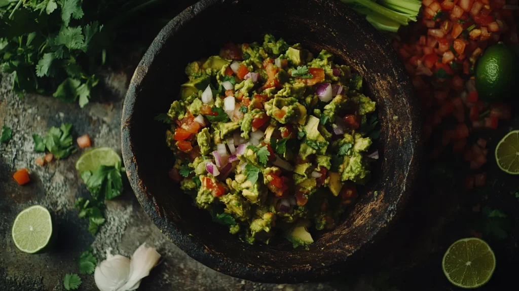 Chunky guacamole in a rustic bowl, garnished with lime, tomatoes, onions, and cilantro, surrounded by fresh ingredients on a wooden table.