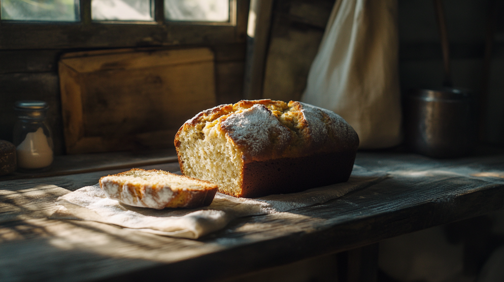 Freshly baked banana bread without baking soda on a rustic wooden table.