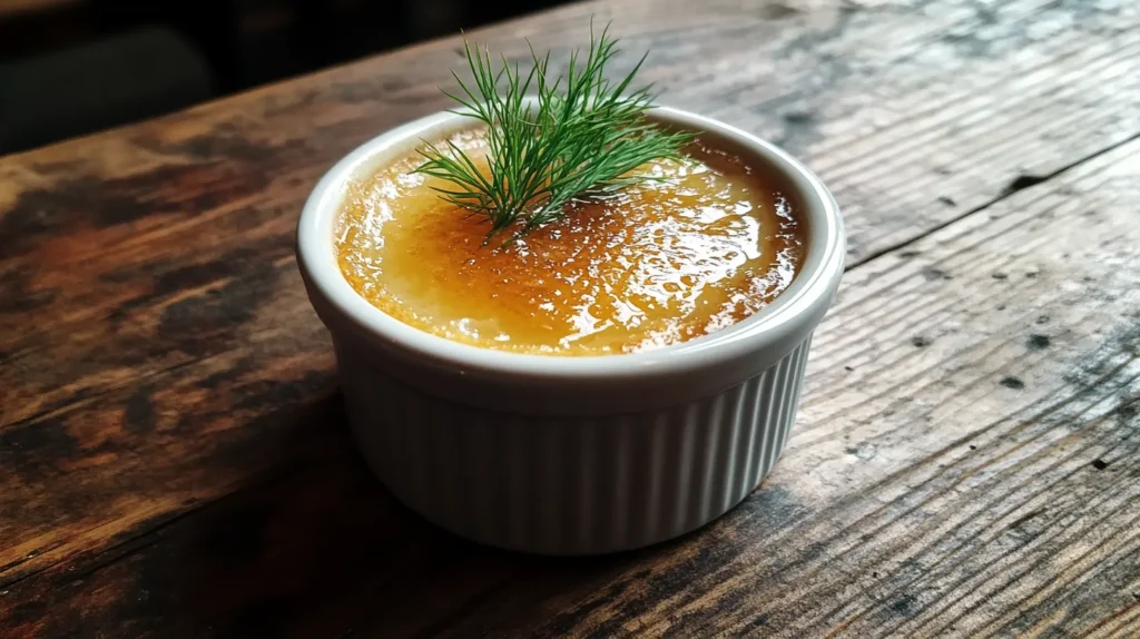 A homemade crab brulee with a caramelized sugar crust served in a ramekin, garnished with fresh dill on a rustic wooden table.