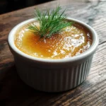 A homemade crab brulee with a caramelized sugar crust served in a ramekin, garnished with fresh dill on a rustic wooden table.