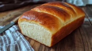 Golden brown loaf of bread made with kefir, styled on a rustic table with a napkin and knife.