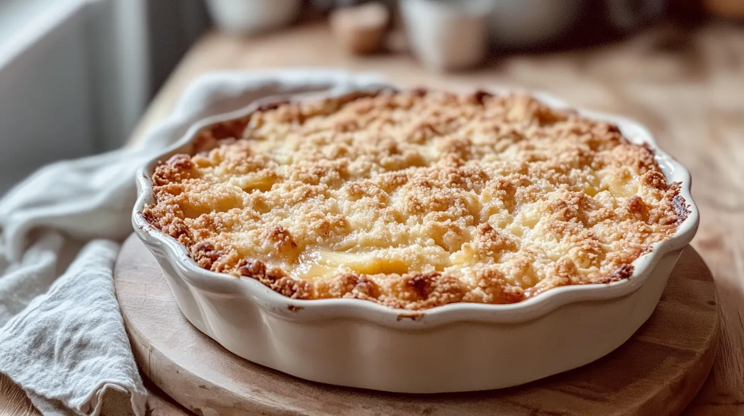 Freshly baked peach crumble in a rustic baking dish with golden crumble topping and bubbling peach filling.