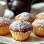 Freshly baked kefir muffins served on a white plate with a cup of tea.