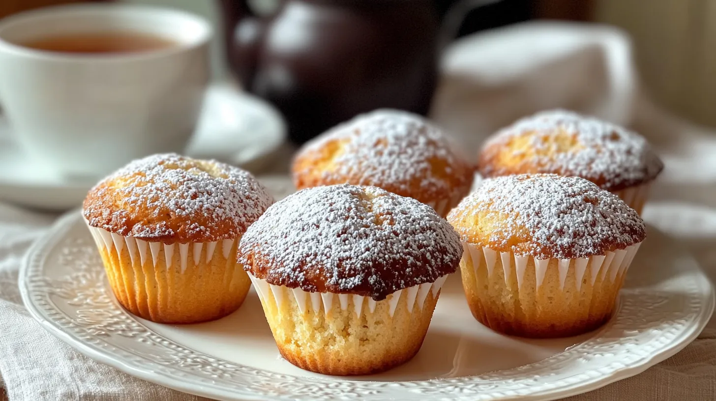 Freshly baked kefir muffins served on a white plate with a cup of tea.