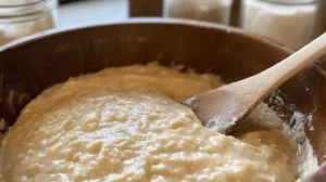 Banana bread batter being mixed with a wooden spoon in a glass bowl