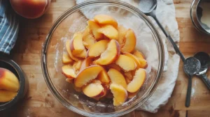 Fresh peach slices being mixed with sugar and cinnamon in a glass bowl.