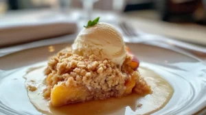 A serving of peach crumble on a dessert plate with melting vanilla ice cream.