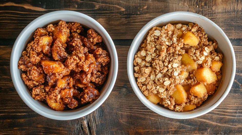 Side-by-side peach crumble and peach crisp showing their distinct toppings in a rustic kitchen setting.