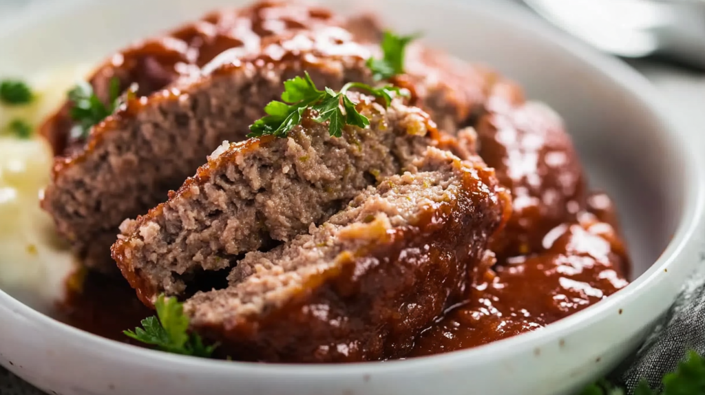 A perfectly sliced meatloaf with a glossy glaze, served alongside mashed potatoes and green beans on a wooden platter.