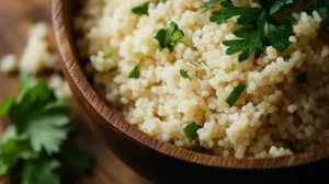 Close-up of gluten-free couscous grains in a rustic wooden bowl with parsley garnish.
