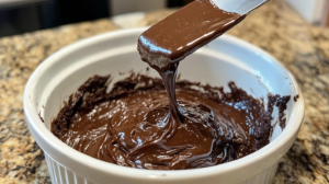 Glossy brownie batter being poured into a parchment-lined baking dish.

