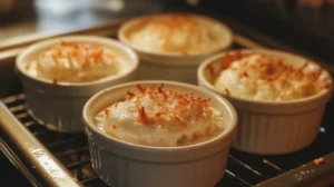 Ramekins filled with crab custard placed in a roasting tray for water bath baking.