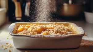 Crumble topping being mixed with a pastry cutter in a bowl.