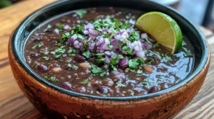 A bowl of vibrant purple black bean soup garnished with herbs and lime.