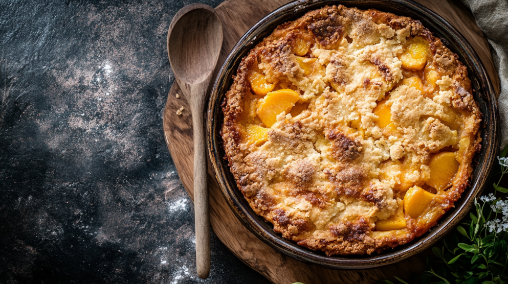 Unpeeled peach cobbler with a golden crust, served in a rustic dish.