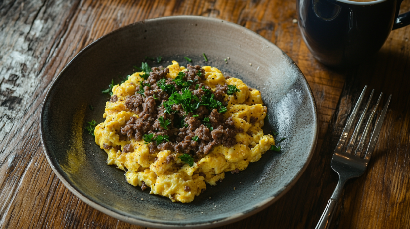 Plate of scrambled eggs with ground beef garnished with parsley on a rustic table.