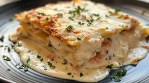 Seafood lasagna with shrimp, crab, and creamy white sauce.