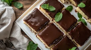 Slices of kefir sheet cake with chocolate glaze arranged on a platter with mint leaves. 