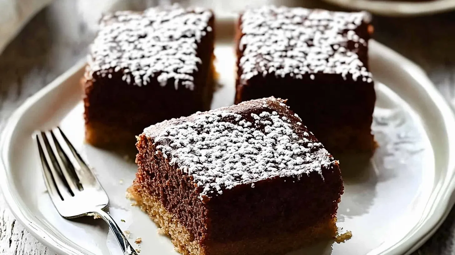 Freshly baked kefir sheet cake sliced into squares with a glossy chocolate glaze on a rustic table.