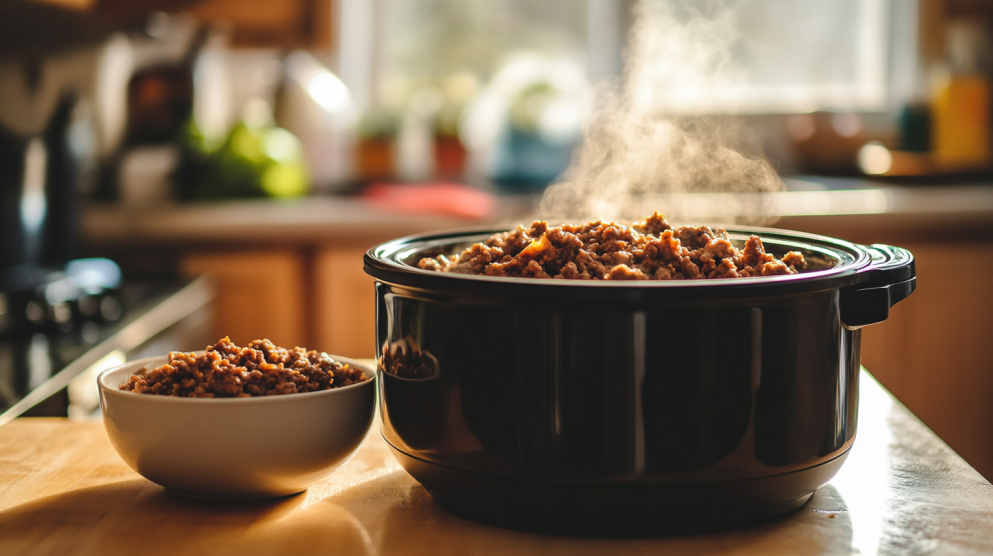 Slow cooker with steaming lid and a bowl of cooked ground beef on a countertop.