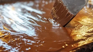 Smooth chocolate glaze being applied to a kefir sheet cake with an offset spatula. 